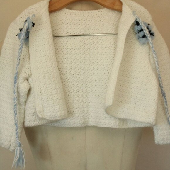 Vintage 1950s 1960s Baby Sweater, White Knit Cardigan with Blue Ties - Picture 10 of 10